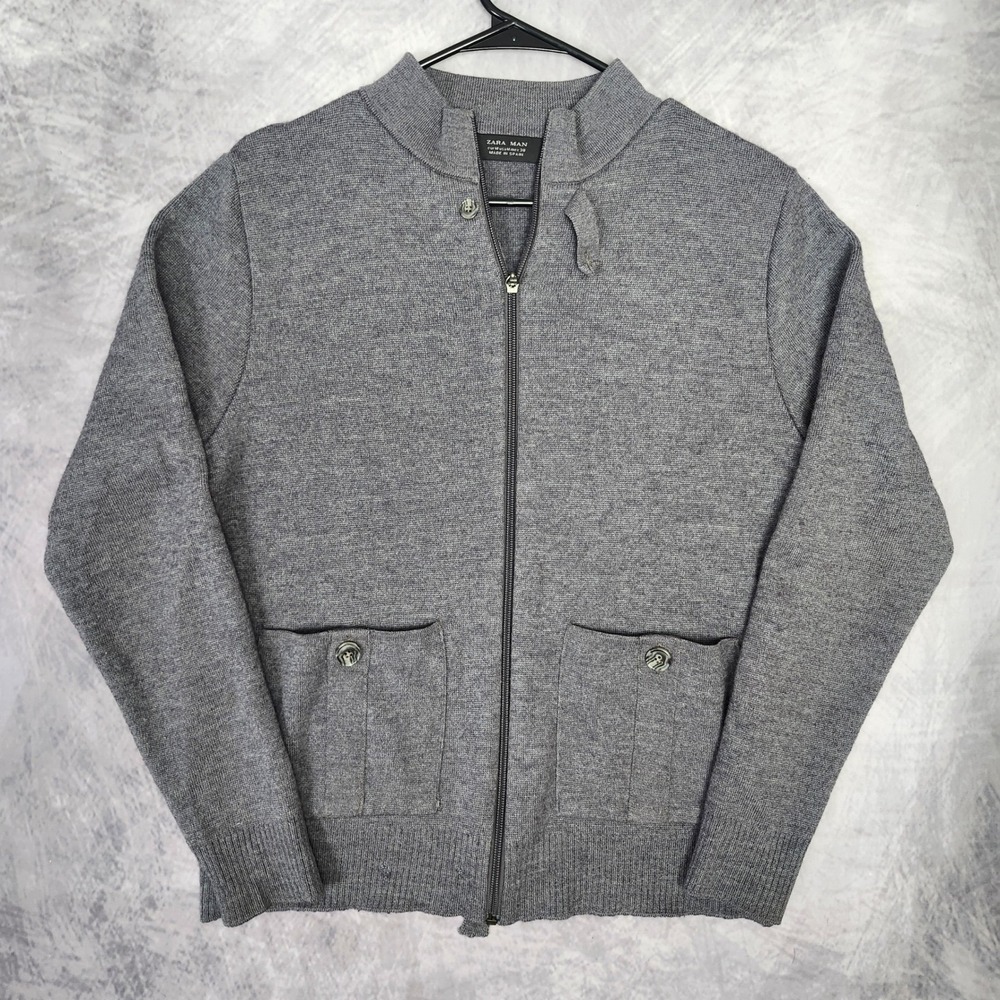 Vintage 90s Zara Man Wool Knit Full Zip Jacket Cardigan Grey Made in Spain M